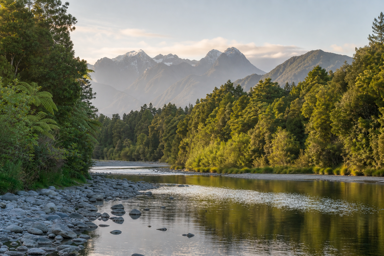 New Zealand river flowing through green hills